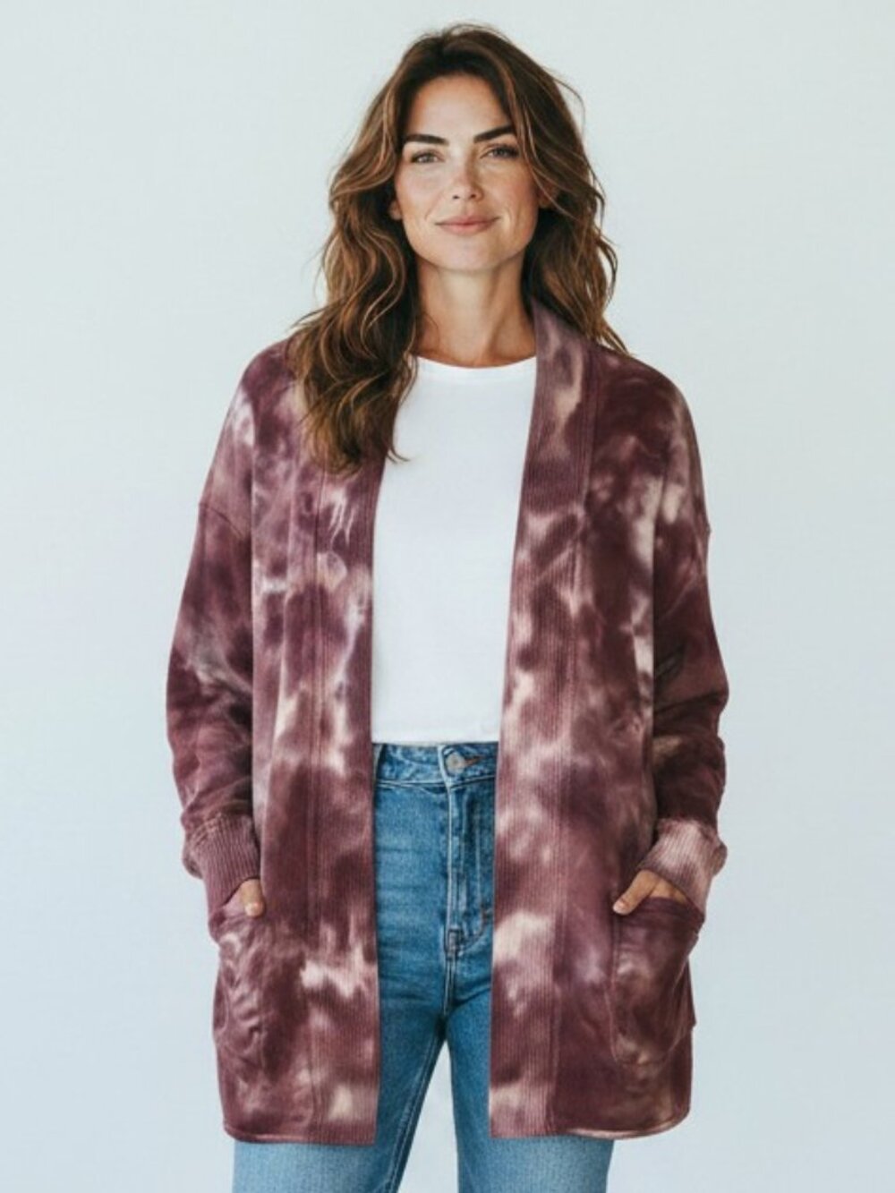 Joy Lab Womens Size XS Purple Tie Dye Open Front Pockets French Terry Cardigan